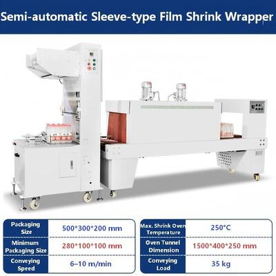 Semi-automatic sleeve type packaging machine for cartons mineral water bottles beverage beer cans and pe film shrink wrapping